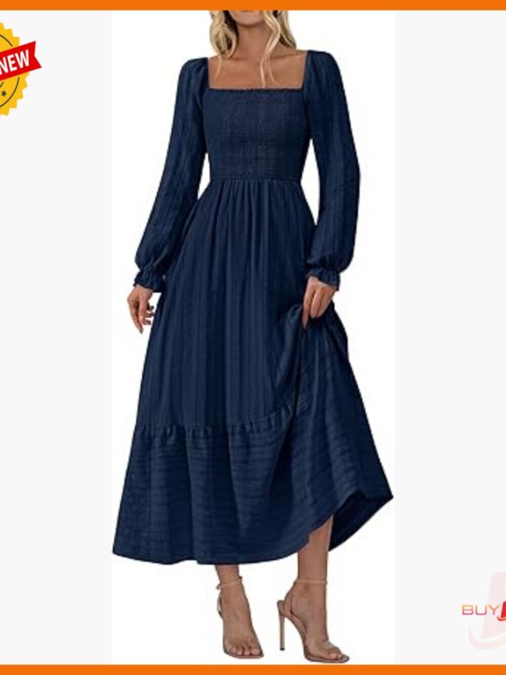Long Sleeve Maxi Dress Square Neck Smocked Bodice Pockets Formal